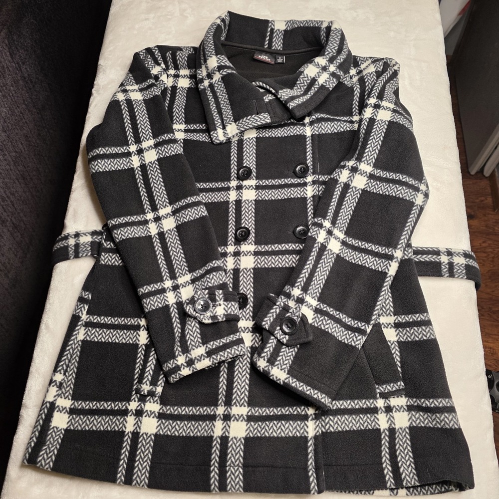 Ike Behar Women's Double Breasted Fleece Black Plaid Belted Jacket Medium‎